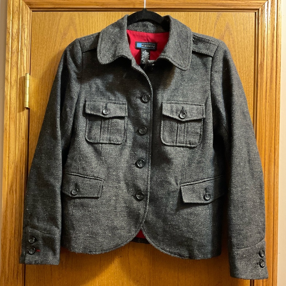 Relativity Black Button-Up Women's Jacket with Buttoned Front Pockets. 4% Wool.
